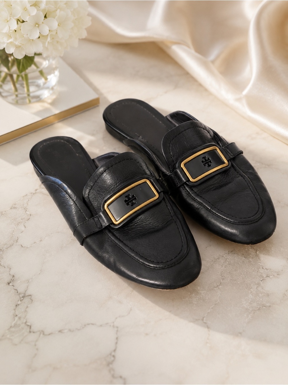 Tory Burch Black Leather Logo Mules Slides Gold Hardware 7.5M